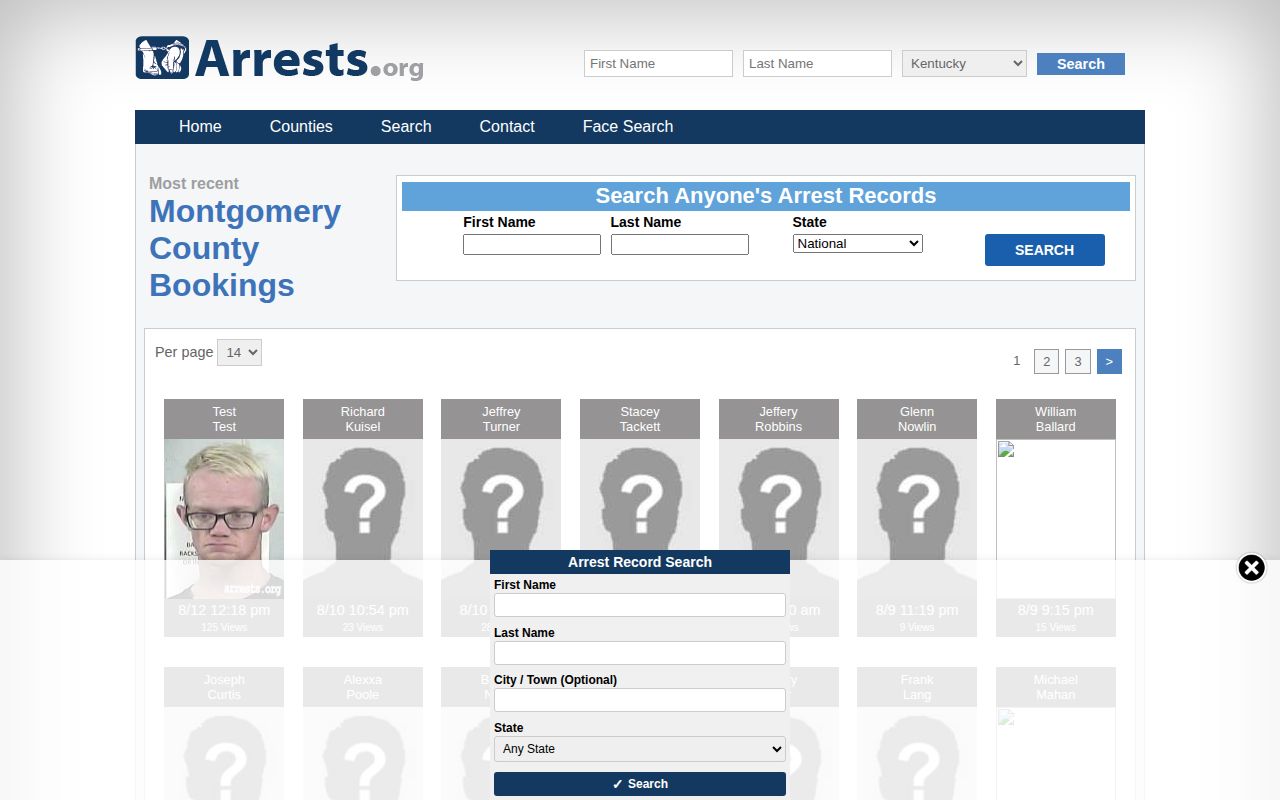 Unofficial Montgomery County filter interface used for Jeffersonville arrest discovery