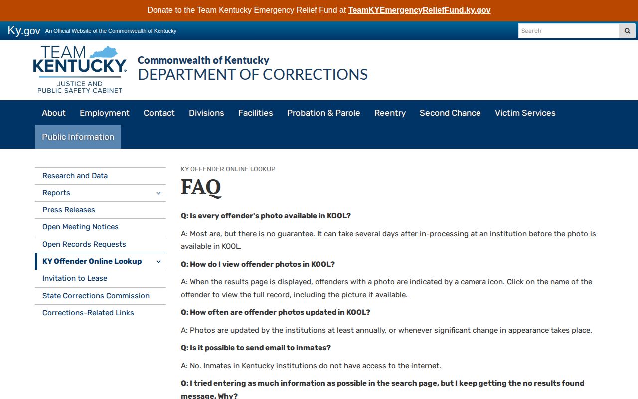 Kentucky DOC KOOL FAQ explaining offender search and photo limits